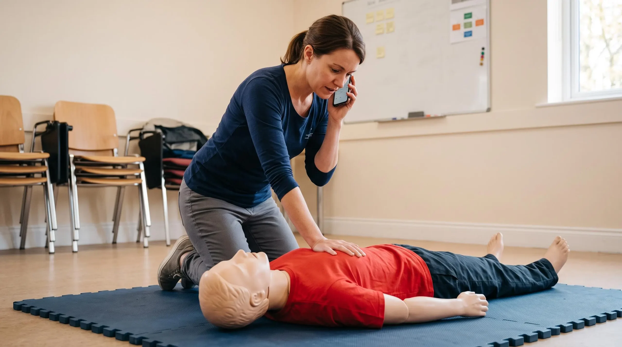 Une femme alerte les secours avec son téléphone à côté d'un mannequin de formation.