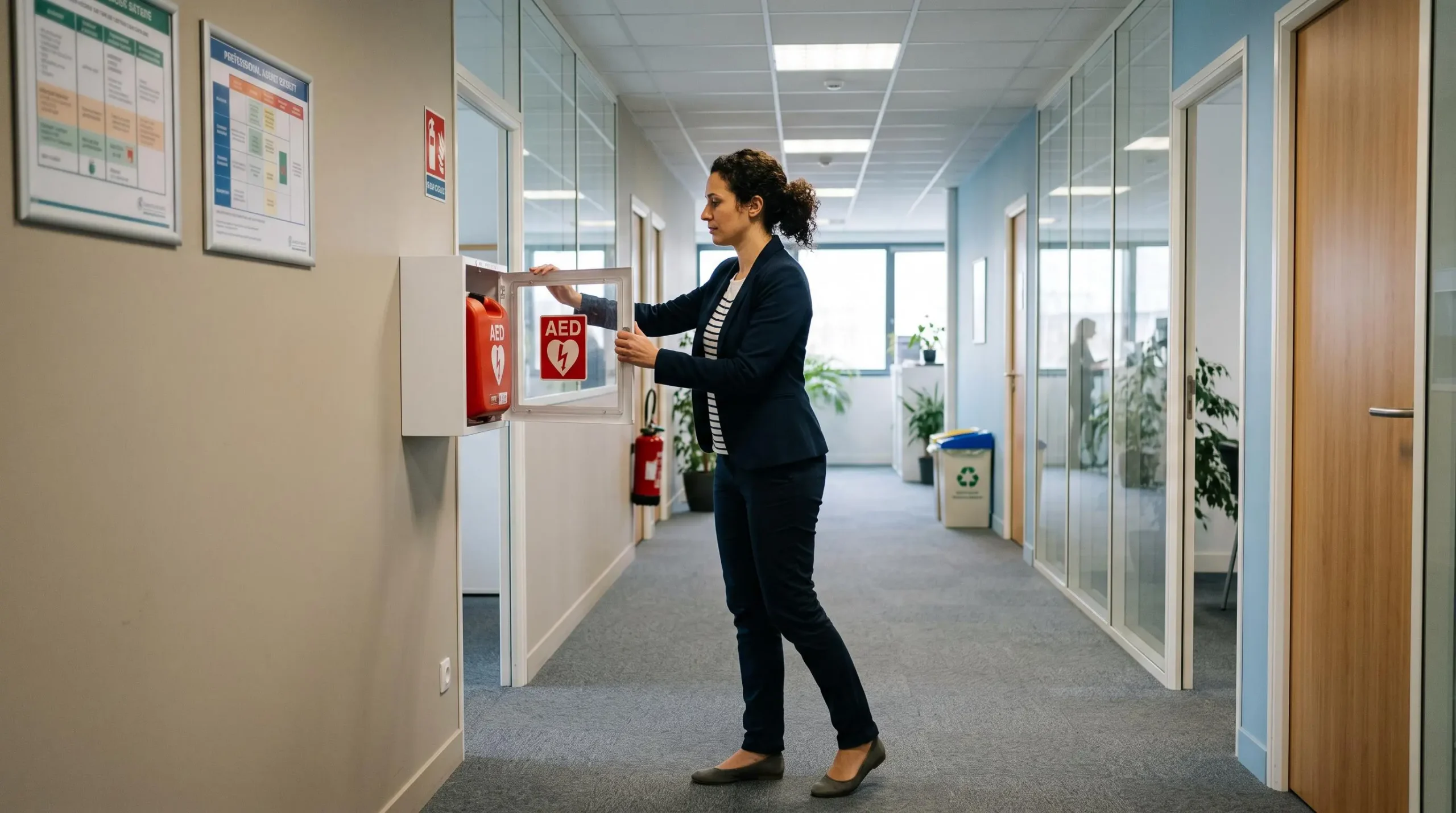 Une personne récupère un défibrillateur dans un placard mural dans un couloir de bureau.