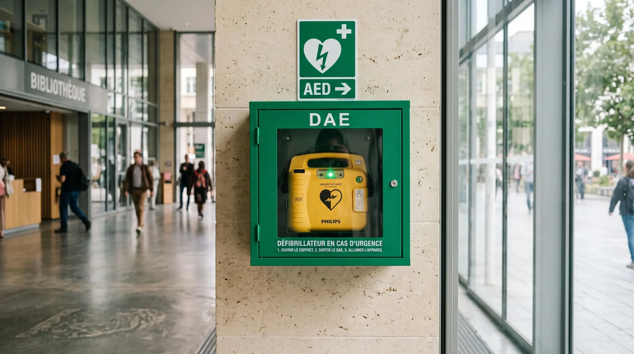 Un défibrillateur automatisé externe mural dans le hall d'un bâtiment public.