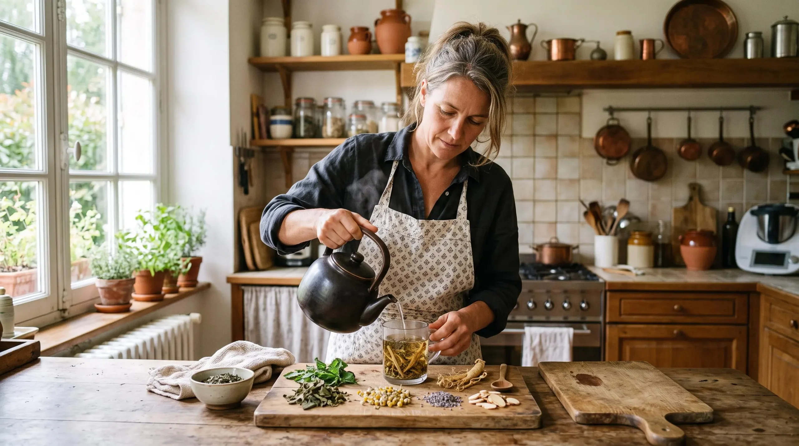 Une femme verse de l'eau chaude sur des plantes séchées pour une infusion énergisante dans sa cuisine.