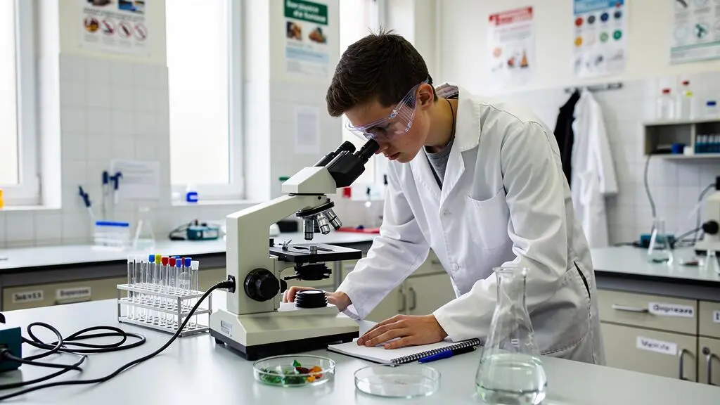 Un élève mène une expérience scientifique sérieuse dans un laboratoire scolaire pour les études de santé.