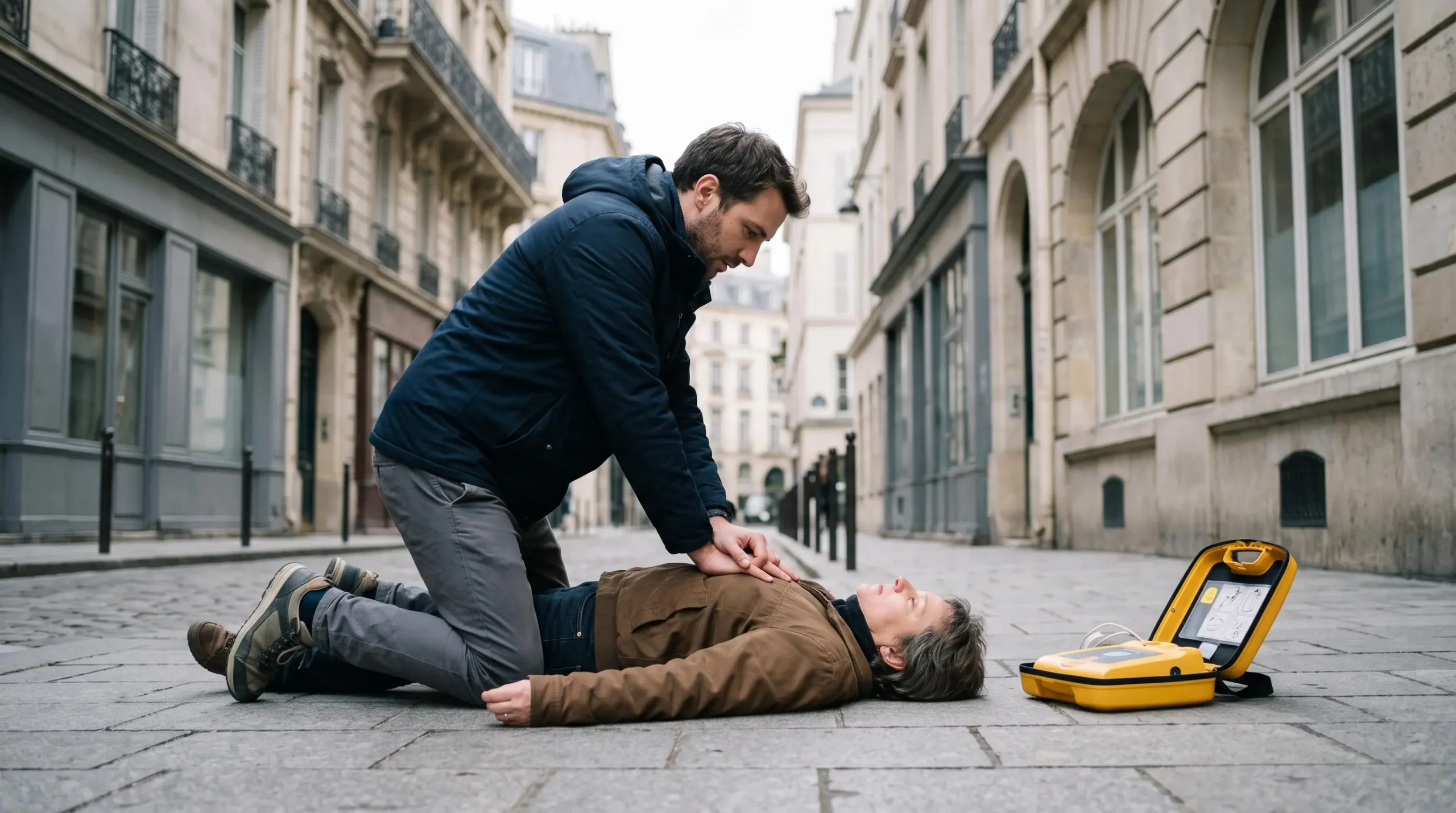 Une personne pratique un massage cardiaque au sol à côté d'un défibrillateur ouvert.